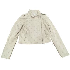 LE LIS Womens Sz S Star Moto Biker Vegan Leather Microsuede Cream Zip Jacket